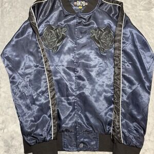 navy blue satin BKYS souvenir jacket with black rose embroidery Size M